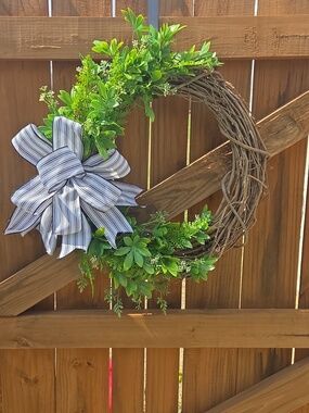 Elegant Everyday Neutral Farmhouse Floral Greenery Wreath with Striped Bow